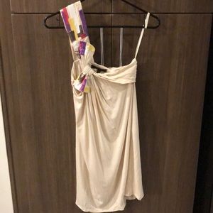 BCBG 1 shoulder cream mini dress with sequence on shoulder